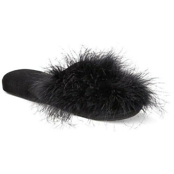 INC International Concepts Deep Black Wedge Faux-Marabou Slippers Small 5-6 New - Picture 1 of 3